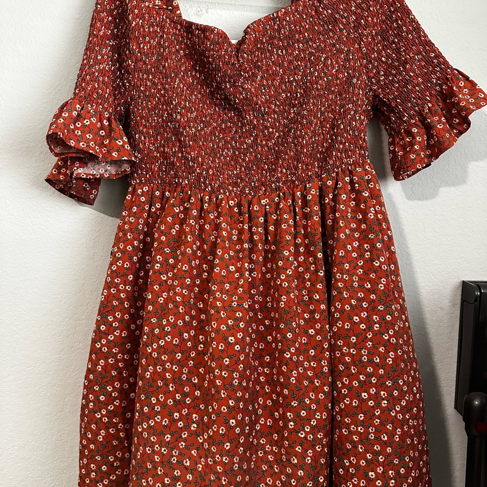 Red Floral Smocked Dress